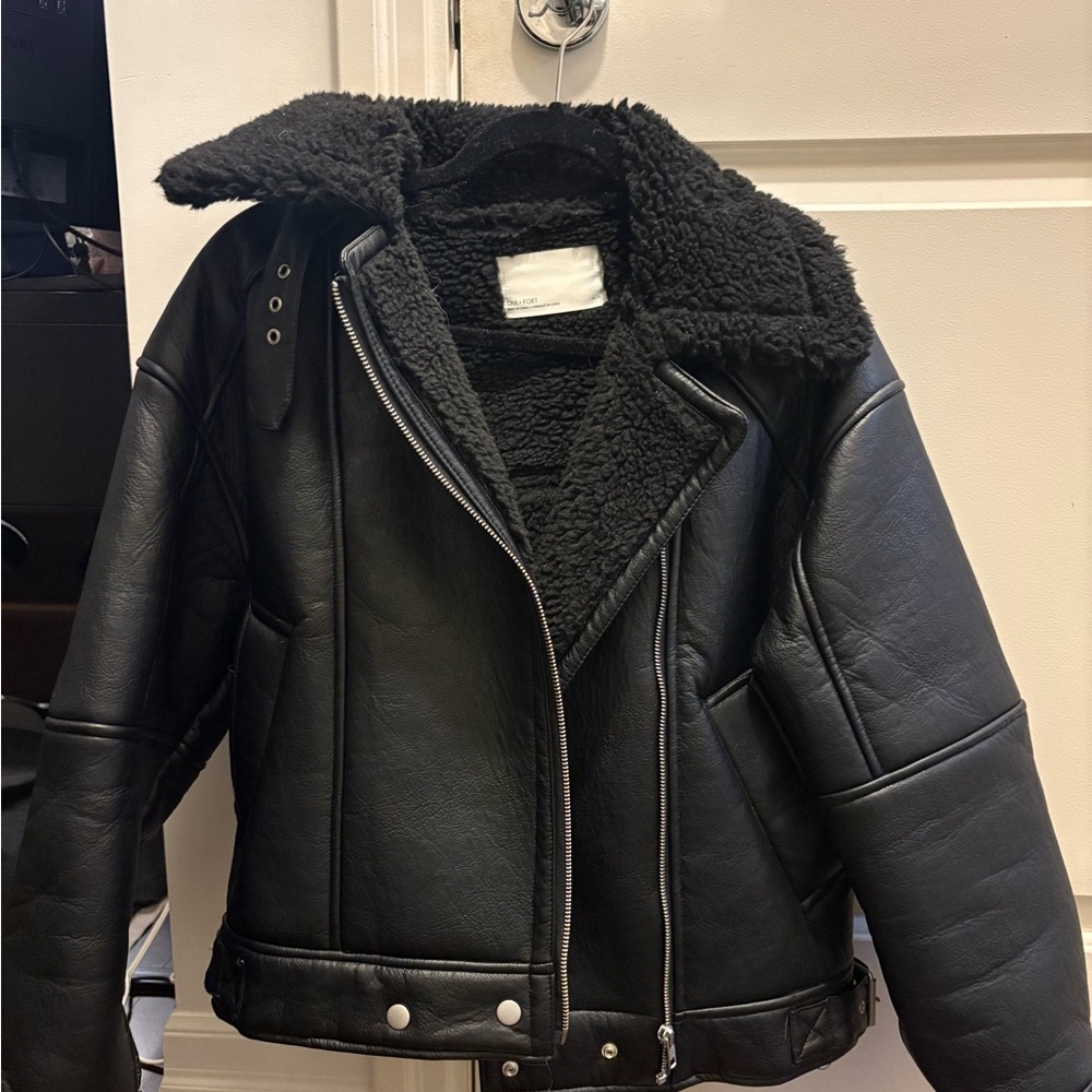 OAK + FORT Black Leather Jacket with Shearling Lining